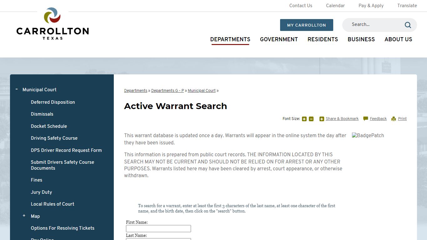 Active Warrant Search | City of Carrollton, TX